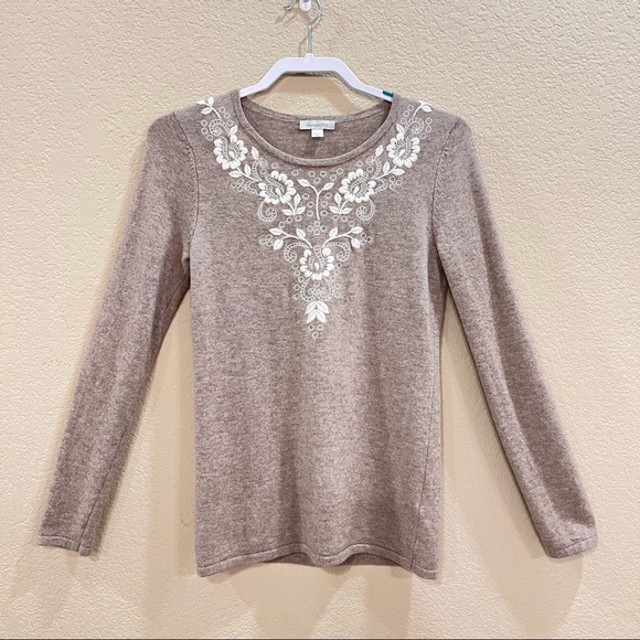 GARNET HILL DESIGNER SWEATER EMBROIDERED TAUPE LAMBWOOL ANGORA BLEND SZ S CASUAL - Picture 1 of 7
